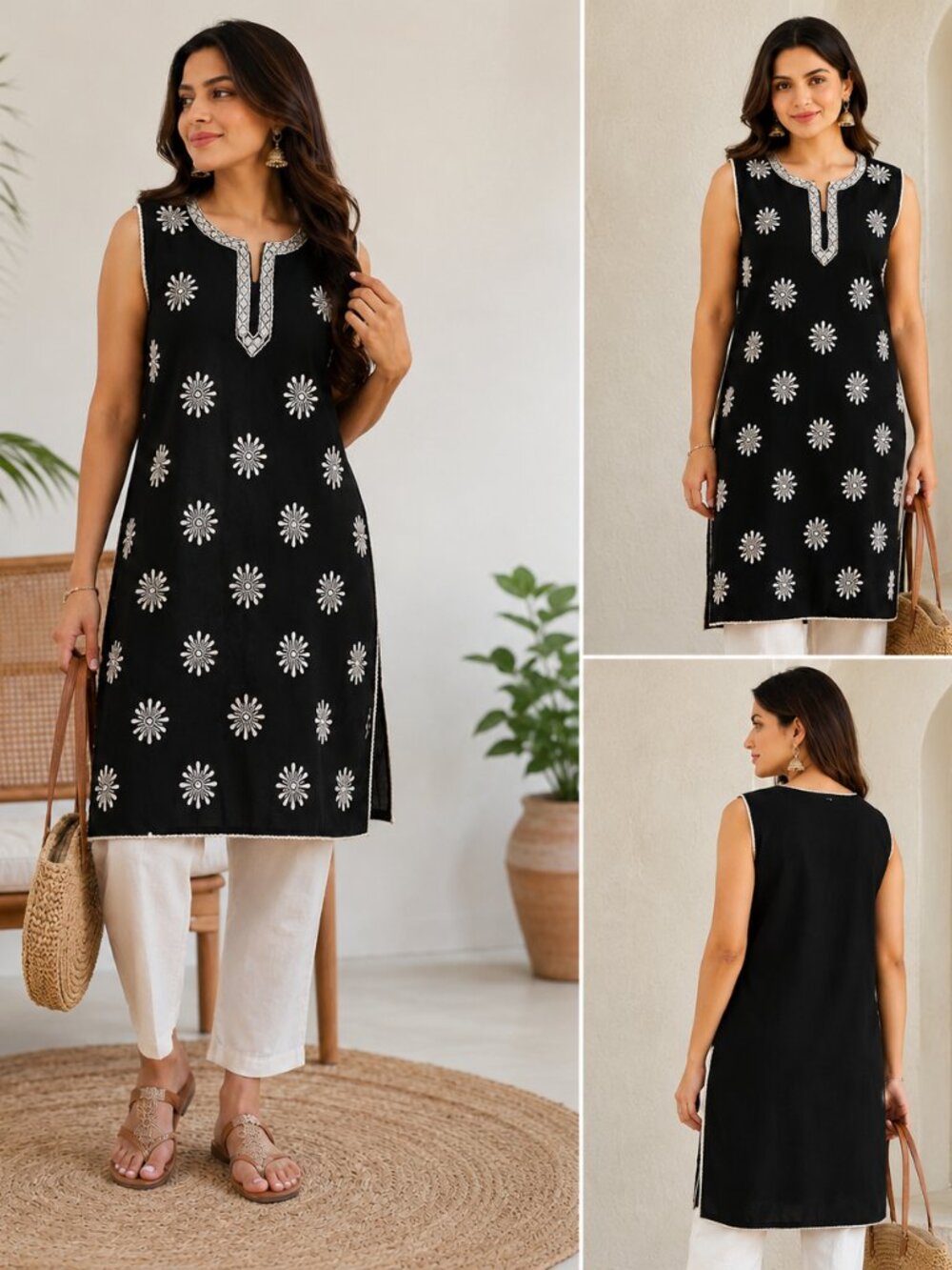 Black Embroidered Sleeveless Kurti Tunic Dress XL / 40